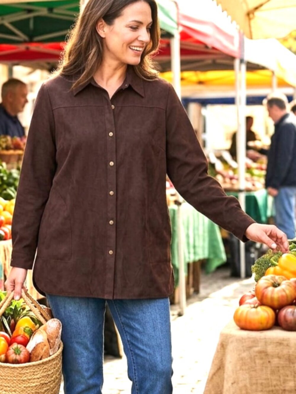 Joan Rivers Womens Suede Finish Shirt Large Brown Button Up Boyfriend Shirt